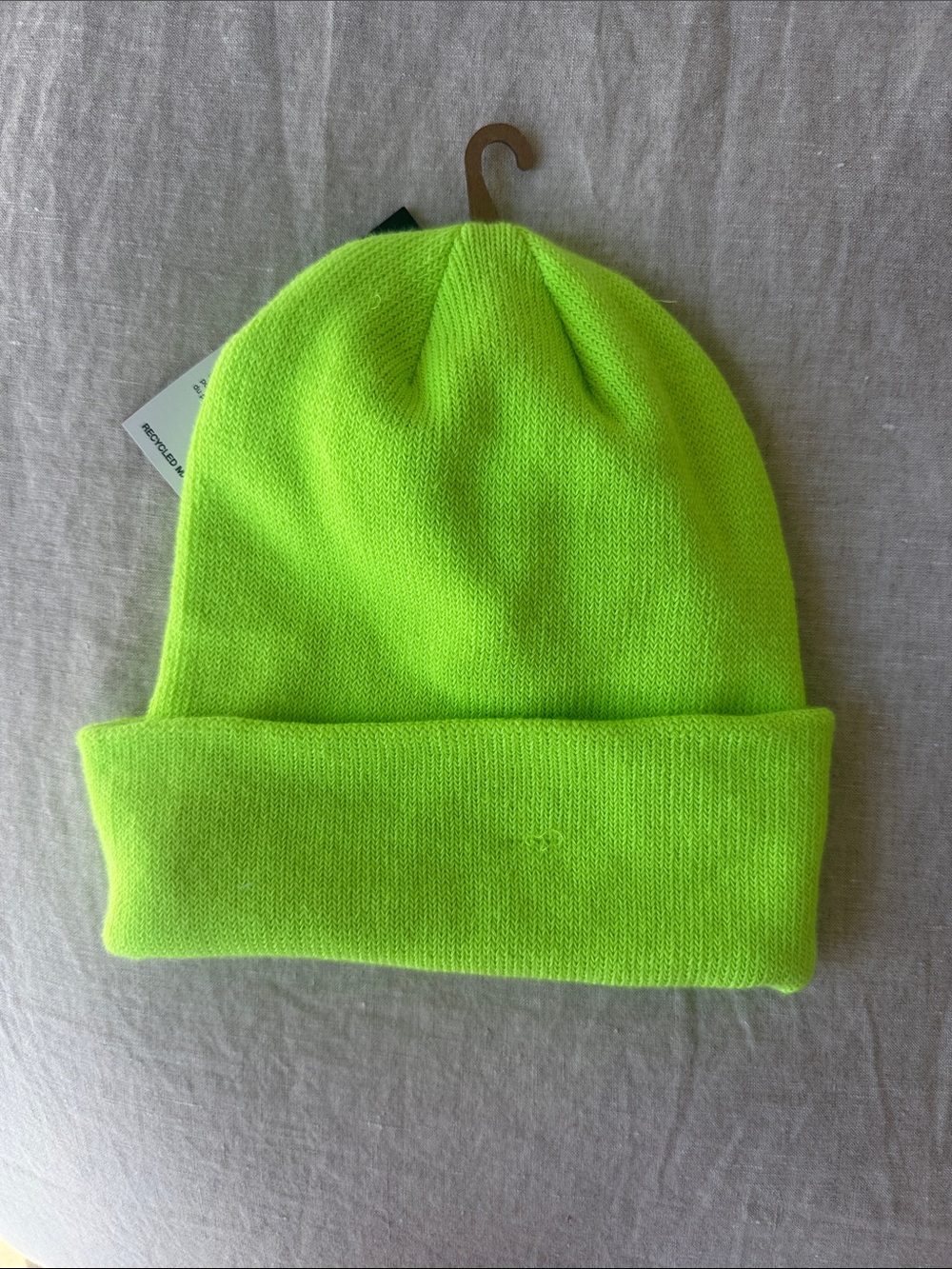 The North Face Neon Yellow-Green Cuffed Beanie with Black Logo Patch - Picture 2 of 4